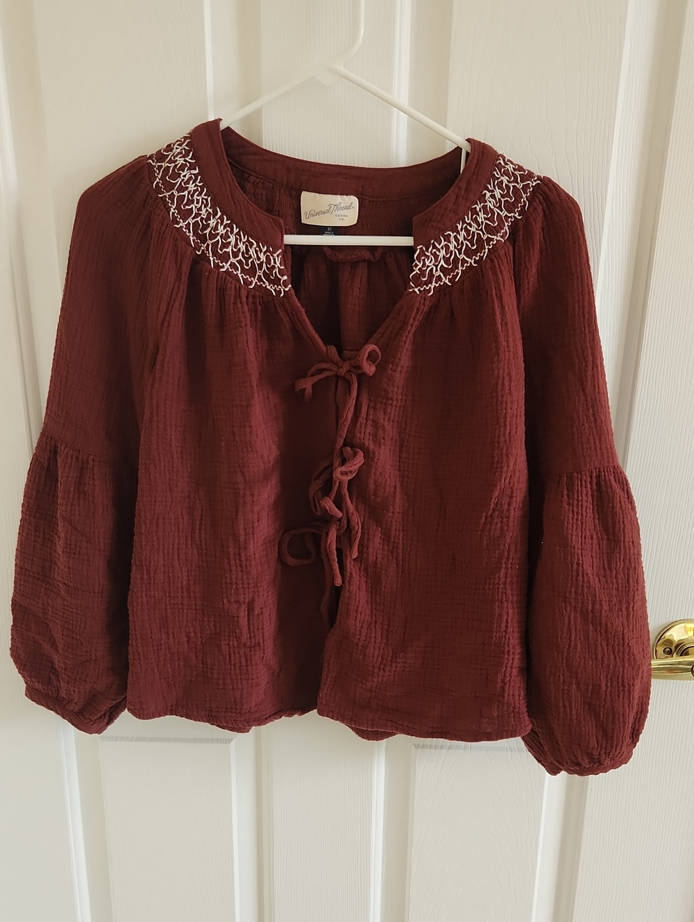 Universal Thread Burgundy Peasant Blouse with White Embroidered Yoke